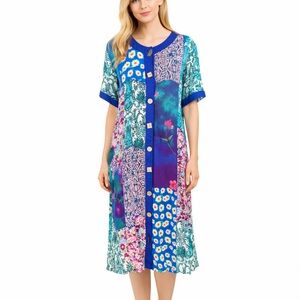 La Cera Button Dress Patchwork Boho Ethnic Midi Pockets Cottage Whimsy Size XL